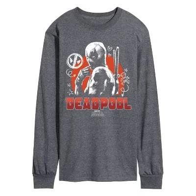 Men's -  - Deadpool & Wolverine Sketch Doodles Long Sleeve Graphic T-Shirt heather charcoal
