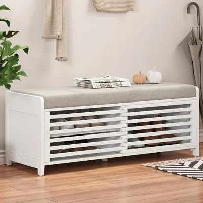 Shutter Storage Ottoman with Cushion, Entryway Shoe Bench for Living Room and Hallway Organization white