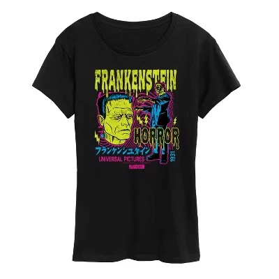 Женская классическая футболка с коротким рукавом и графическим рисунком Monsters - Frankenstein Backlight черного цвета
