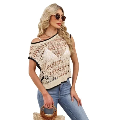 Women's Crochet Cover Up Tops Summer Short Sleeve Off Shoulder Sweater Shirts Beach Swimsuit Coverup apricot
