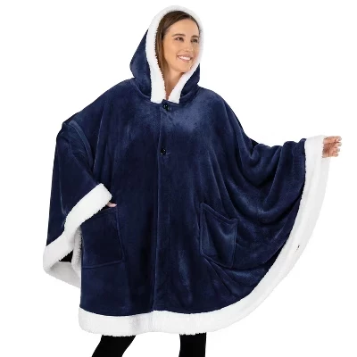 Одеяло с капюшоном Angel Wrap для взрослых женщин, пригодное для носки Уютное одеяло-накидка из флиса, накидка-накидка синего цвета