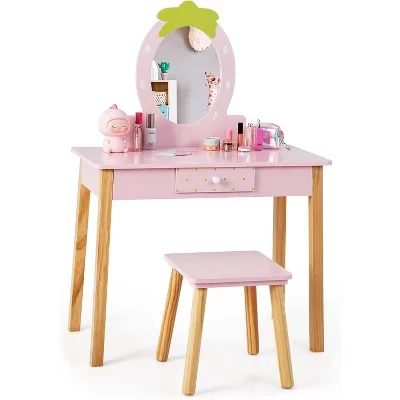 BALHAM TRADE-Kids Vanity Set for Little Girls with Real Oval Mirror Wooden Dressing Table and Stool pink