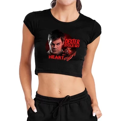 Women's  Stole My Heart Cap Sleeve Baby Rib Crop Top black