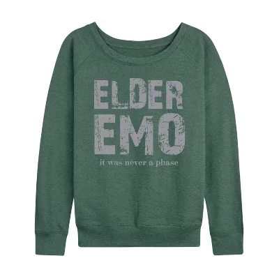 Женская футболка Elder Emo Never A Phase из легкого французского махрового материала с широким вырезом и длинными рукавами с графическим рисунком heather juniper