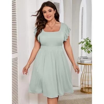 YESFASHION/ женское повседневное платье миди больших размеров с короткими рукавами и оборками, летнее платье с высокой талией и карманами зеленого цвета