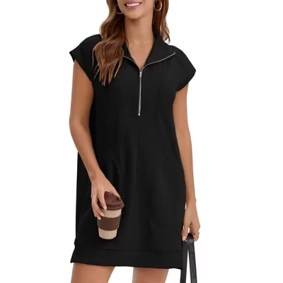 Women's Half Zip Cap Sleeve V Neck Lapel Collar Tunic Summer Shift Mini Dresses with Pockets black