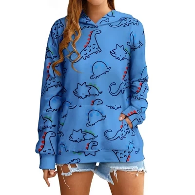 Women's Cute Dinosaur Graphic Long Sleeve Casual Loose Hooded Pullover Sweatshirt with Pocket Hoodie blue