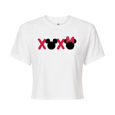 Женская укороченная футболка Xoxo с изображением Микки и Минни Хедз, белая