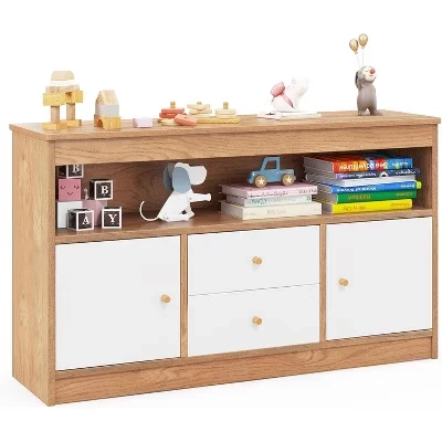 BALHAM TRADE-Kids Toy Storage Organizer Floor Cabinet with Open Shelf 2 Drawers 2 Cubbies natural