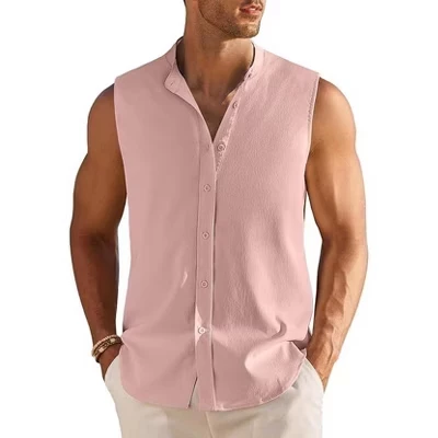 Men's Summer Beach Tank Tops Sleeveless Button Up Shirt Casual Textured Tank Shirts lp