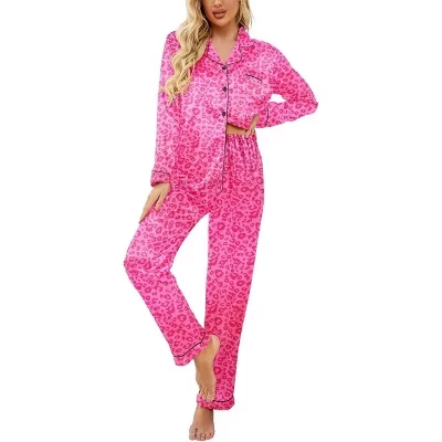 Women's Classic Button Down Long Satin Silk Pajama Set rose leopard