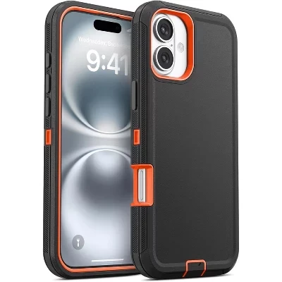 Чехол, совместимый с iPhone 16 Plus - Трехслойная сверхпрочная защита оранжевого цвета