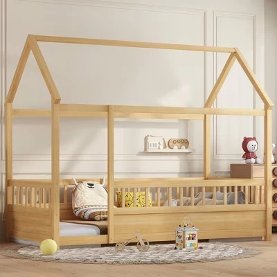 Напольная кровать Bellemave House с ограждением, каркас кровати-домика из МДФ с дизайном, удобным для детей, Напольная кровать для детей, Пружинный блок не требуется, натуральный