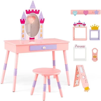 BALHAM TRADE-Розовый детский туалетный столик Castle Pretend Play, Набор стульев для туалетного столика с выдвижным ящиком и зеркалом
