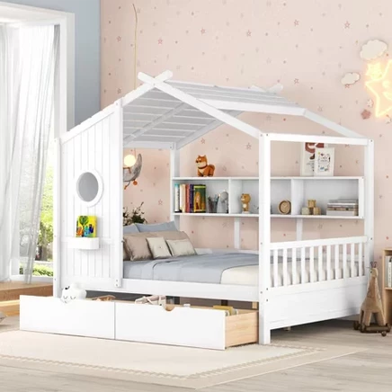 Кровать-домик FUN LITTLE TOYS с 2 ящиками и полкой, белая