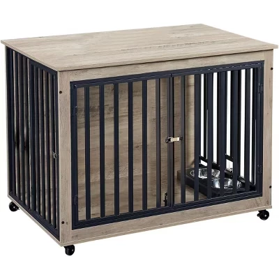 Furniture-style Dog Crate with Rolling Casters (Gray Color) With Dog Bowls Flip-Top 3 Doors Wheel For Small Medium Large Dogs brown