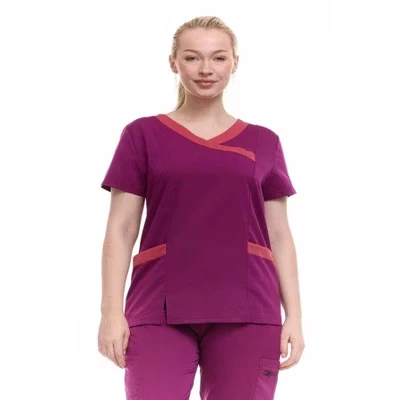 Современный женский топ-скраб HEAL+WEAR с контрастным V–образным вырезом - Стильная отделка цветными блоками, приталенный крой, эластичность в 4 стороны, Множество карманов.