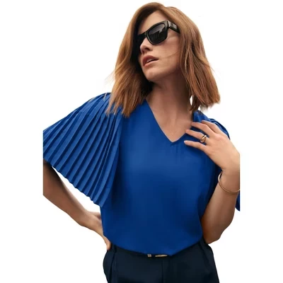 Блузка из жоржета с плиссированными рукавами темно-сапфирового цвета
