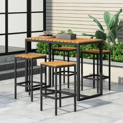 Elkhart Outdoor Современный промышленный барный набор из 5 предметов из дерева акации, тик
