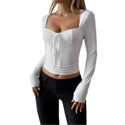 Женские укороченные рубашки Slim Fit с длинным рукавом и завязками на шее, топы в стиле Sweatheart, топы для выхода в свет, сексуальные блузки, кружевные рубашки белого цвета