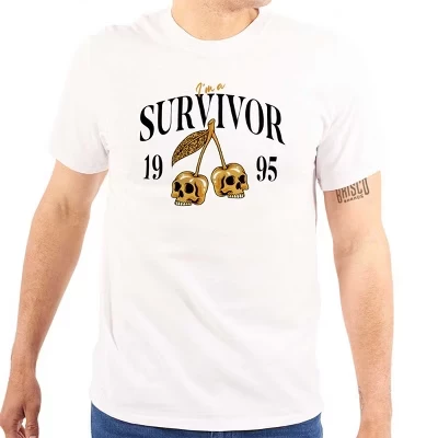 Футболка с изображением песни I'm a Survivor с черепом и вишнями, мужская или женская, белая