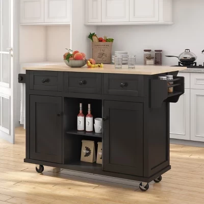 Rolling Green Drop Leaf Wood Top 53 in. Kitchen Island Cart with Storage Racks, Removable Shelves, 5 Wheels black