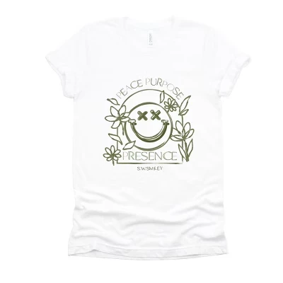S.W.Smiley Peace Purpose Presence - женская футболка с коротким рукавом и рисунком белого цвета