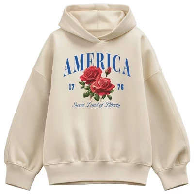 Женская толстовка с капюшоном American Roses Oversize из флиса кремового цвета