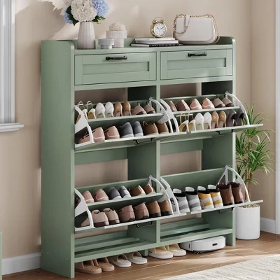 Shoe Cabinet with 4 Flip Drawers & 2 Top Drawers, Wooden Shoe Organizer Cabinet with Adjustable Shelf, Freestanding Shoe Storage Cabinets green