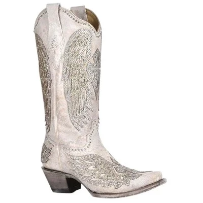 Ковбойские сапоги Corral Boots Женские ковбойские сапоги с вышивкой крестом и крыльями, инкрустированные блестками, белые