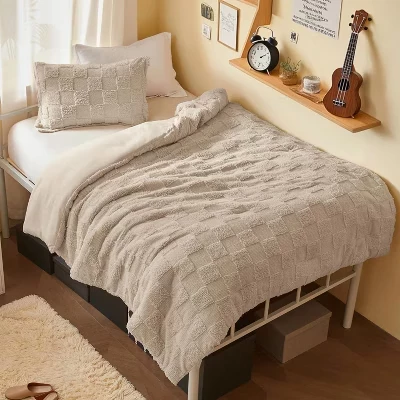Комплект постельного белья Twin XL / Queen/King Size в клетку в стиле бохо с ворсом из 2/3 предметов, Комплект постельного белья с одеялом/подушкой, имитация кровати в мешке на все сезоны, золотой верблюжий клетчатый
