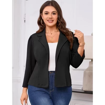 Women's Plus Size Open-Front Blazer 3/4 Sleeve Jacket Padded Shoulde black