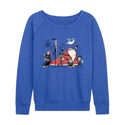 Женская рубашка Nightmare Before Xmas из легкого французского махрового полотна с широким вырезом и длинным рукавом, синяя с графическим рисунком.