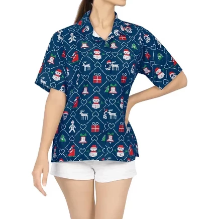 Women's Christmas Tree Vacation Holiday Party Short Sleeve Hawaiian Santa Claus Blouse Top Beach Gifts Shirt for Women