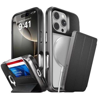 Чехол vCommuteX для Apple iPhone 16 Pro, Magsafe, Кожаный чехол-бумажник, Съемный чехол-подставка для карт памяти, Защита от падения военного образца, Красный, черный