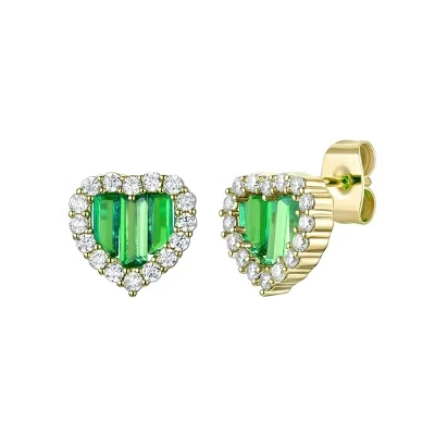 Radiant Baguette Heart Halo Earrings in 14k Gold Plating with Cubic Zirconia—Timeless Studs for Everyday Glam in Green, Purple, or Blue. green