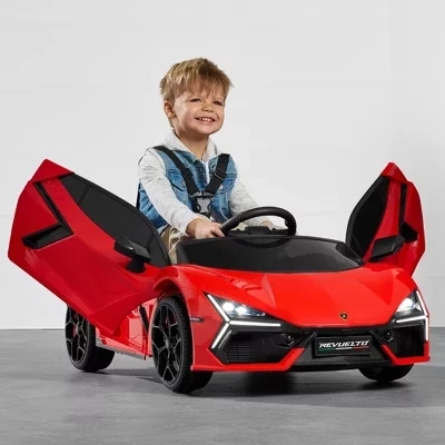 Детский 12-вольтовый электромобиль с официальной лицензией Lamborghini Revuelto с пультом дистанционного управления, светодиодной подсветкой красного цвета