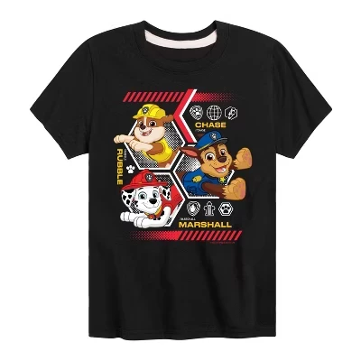 Футболка с коротким рукавом для мальчиков - Paw Patrol - Chase Rubble Marshall Hexagons, черная