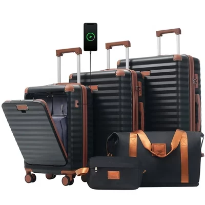 Расширяемый багажный комплект из 5 предметов, вращающийся чемодан Hardside с USB-портом, подстаканником, спортивной сумкой, сумкой для хранения вещей и замком TSA - черный