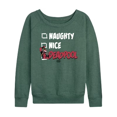 Женская рубашка Naughty Nice Deadpool из легкого французского махрового материала с широким вырезом и длинными рукавами и графическим рисунком heather juniper