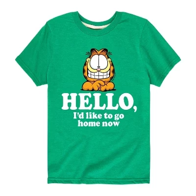 Футболка для мальчиков Garfield Hello Go Home Now, зеленая