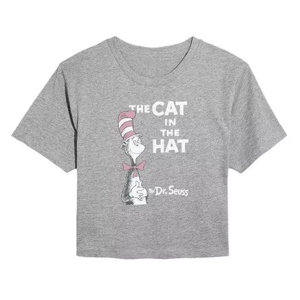 Женская укороченная графическая футболка The Cat in the Hat, серый меланж