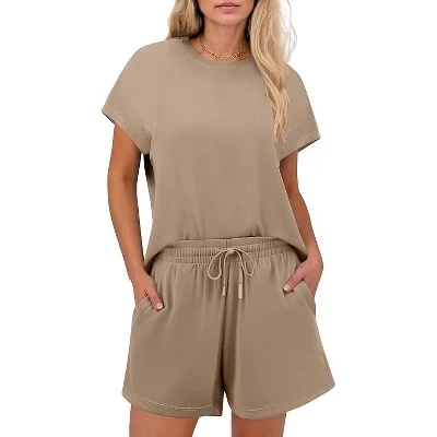 2 Piece Sets for Women Summer Crewneck Matching Shorts Lounge Set with Pockets Casual Travel Outfits khaki