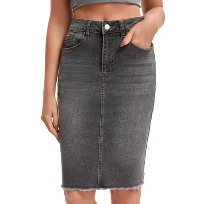 Women's Raw Hem High Waisted Pockets Stretch Knee Length Jean Denim Skirt gray (2)