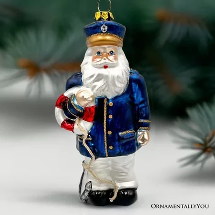 Santa the Ship Captain Glass Ornament, Gift for Boat Commander of the Seas|