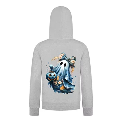 Пуловер с капюшоном на Хэллоуин Coquette Ghost – Симпатичный призрак с бантом и тыквенным фонарем – Уютный осенний свитшот, Вересково-серый