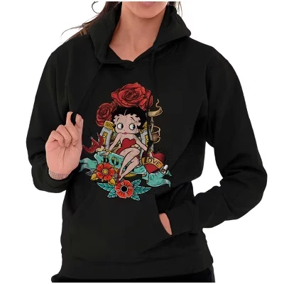Betty Boop Love Horseshoe Tattoo Толстовка с капюшоном Женская лицензионная черная