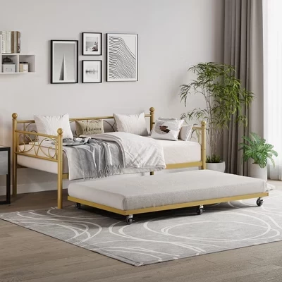 Прочный металлический каркас кровати Twin Size с изголовьем, каркас кровати на платформе из стальных ламелей, компактный дизайн для спальни, гостевой комнаты и гостиной, комплект золотой
