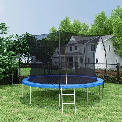 Круглый батут из стальной лестницы Poppy Outdoor/Indoor с ограждением и изогнутым столбом ограждения черного цвета