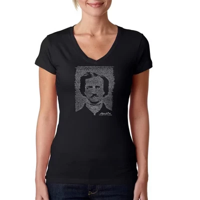 Женская футболка с V-образным вырезом в стиле Word Art - EDGAR ALLEN POE - Черный ВОРОН